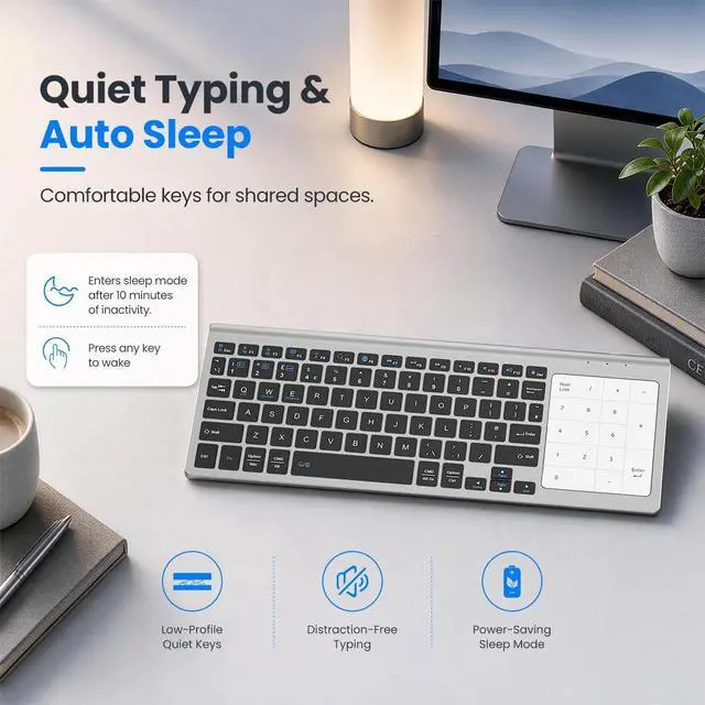 Alt view image 7 of 7 - Multi-Device Wireless Keyboard with Numeric Touchpad, Mini Bluetooth Keyboard, Stainless Steel Slim Wireless Keyboard with USB Receiver for MacBook/iPad/Tablet/PC/Laptop, QWERTY US Layout