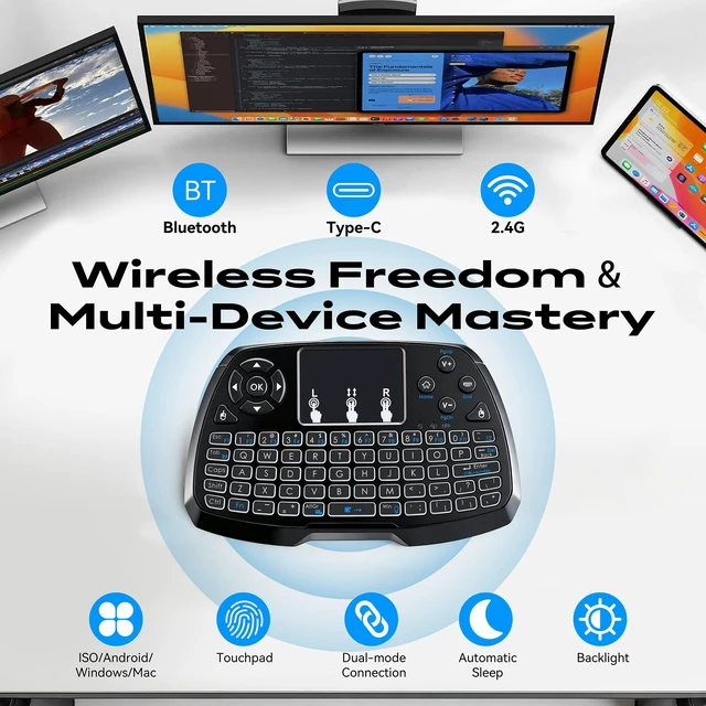 Alt view image 2 of 7 - A3 Handheld Mini Wireless Keyboard with Touchpad, 2.4G/BT & Media Keys | Backlit, Rechargeable Li-ion Battery, Compatible with TV Box, Smart TV, Xbox, PC, Android, Windows, Linux