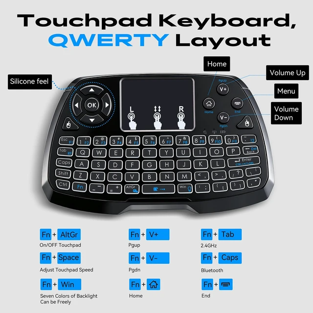 Alt view image 3 of 7 - A3 Handheld Mini Wireless Keyboard with Touchpad, 2.4G/BT & Media Keys | Backlit, Rechargeable Li-ion Battery, Compatible with TV Box, Smart TV, Xbox, PC, Android, Windows, Linux