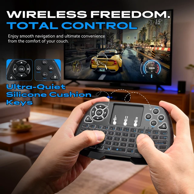 Alt view image 4 of 7 - A3 Handheld Mini Wireless Keyboard with Touchpad, 2.4G/BT & Media Keys | Backlit, Rechargeable Li-ion Battery, Compatible with TV Box, Smart TV, Xbox, PC, Android, Windows, Linux