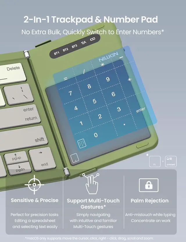 Alt view image 3 of 7 - Foldable Bluetooth Keyboard with Touchpad & Number Pad, Green