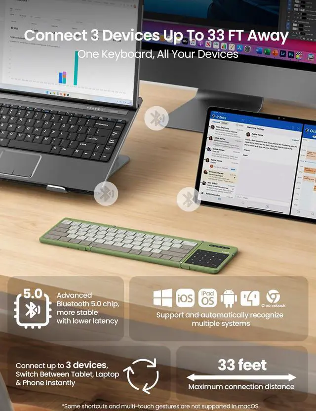 Alt view image 5 of 7 - Foldable Bluetooth Keyboard with Touchpad & Number Pad, Green