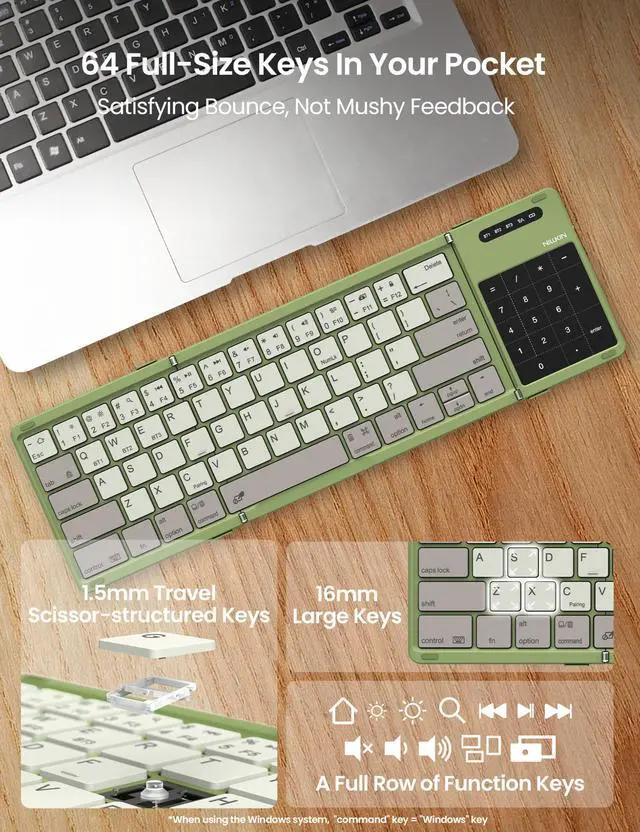 Alt view image 4 of 7 - Foldable Bluetooth Keyboard with Touchpad & Number Pad, Green