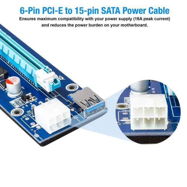 Alt view image 2 of 7 - PCIe Riser Card Adapter 1x to 16x with 6-Pin Power Cable, SATA to PCI-E Extension Cable for GPU Bitcoin Mining, Ethereum, ETH, Crypto Mining Rig (Latest Version)