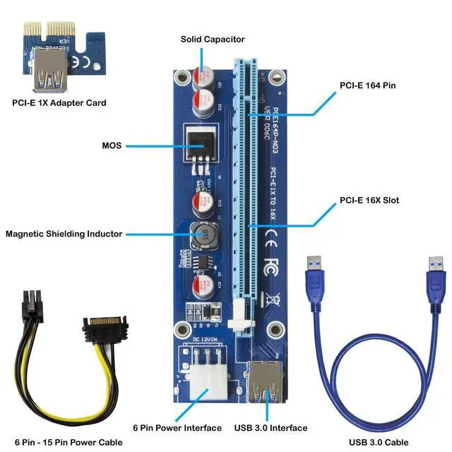 Alt view image 4 of 7 - PCIe Riser Card Adapter 1x to 16x with 6-Pin Power Cable, SATA to PCI-E Extension Cable for GPU Bitcoin Mining, Ethereum, ETH, Crypto Mining Rig (Latest Version)