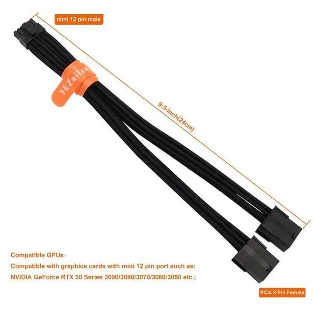 Alt view image 4 of 4 - 12 Pin GPU Cable, Dual PCIe 8 Pin Female to Mini 12 Pin GPU Power Adapter Sleeved for Graphics Card 9.5-inch(24cm)
