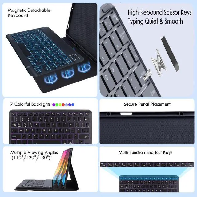 Alt view image 5 of 7 - Case Keyboard for 11 inch iPad 11th (A16, 2025) / 10th Generation,Mouse and Detachable Wireless 7 Color Rainbow Backlight Magnetic Keyboard,Premium PU Leather Cover with Auto Sleep/Wake,Dark Green