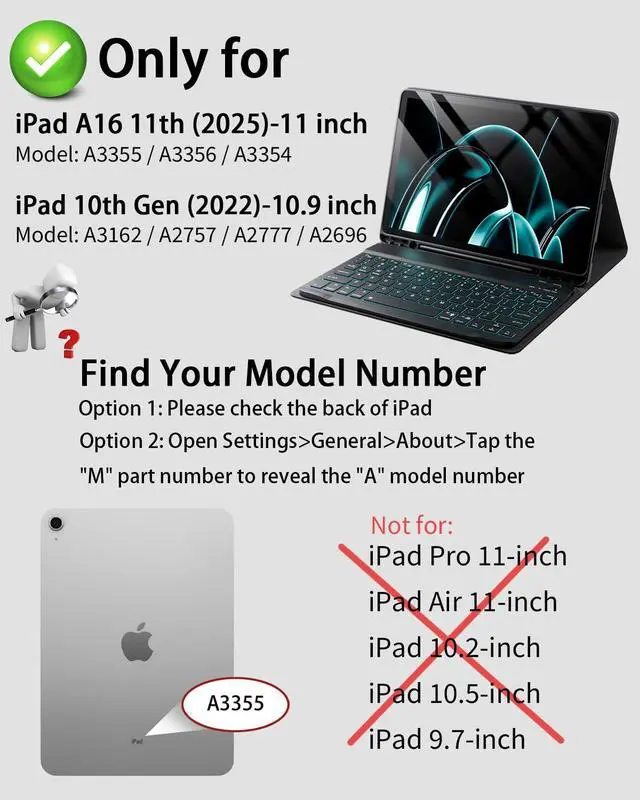 Alt view image 2 of 7 - for iPad A16 11th / 10th Generation Case with Keyboard - 7 Color Backlit for iPad 10th Gen 2022 & 11th Gen 2025 A16 10.9/11 inch Cover - Built-in Pencil Holder with Mouse - Black