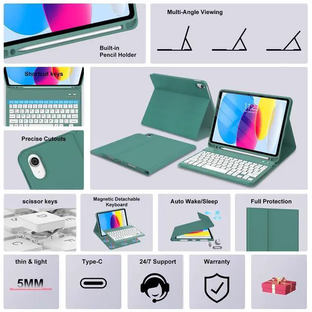Alt view image 6 of 7 - for iPad A16 11th/10th Gen Case with Keyboard(2025/2022),Green