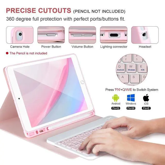 Alt view image 3 of 7 - for iPad 6/5th Generation Case with Keyboard 2018/2017,Detachable Bluetooth Keyboard case for iPad Air 2/1,iPad Keyboard Case 9.7 inch with Pencil Holder,Square Keycaps,Pink