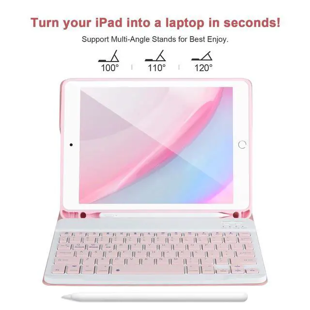 Alt view image 4 of 7 - for iPad 6/5th Generation Case with Keyboard 2018/2017,Detachable Bluetooth Keyboard case for iPad Air 2/1,iPad Keyboard Case 9.7 inch with Pencil Holder,Square Keycaps,Pink