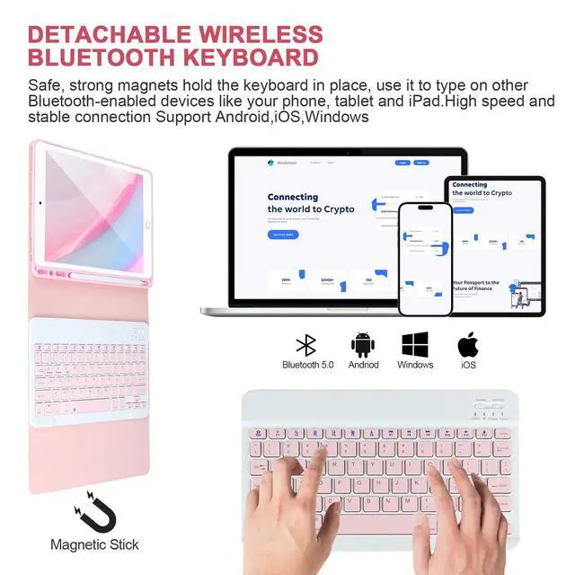 Alt view image 5 of 7 - for iPad 6/5th Generation Case with Keyboard 2018/2017,Detachable Bluetooth Keyboard case for iPad Air 2/1,iPad Keyboard Case 9.7 inch with Pencil Holder,Square Keycaps,Pink