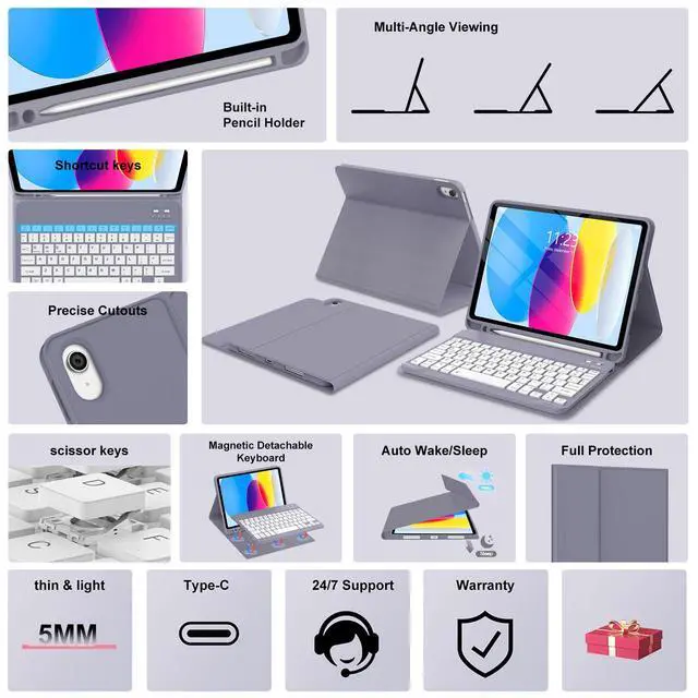 Alt view image 6 of 7 - For ipad A16 11th/10th Gen case with keyboard(2025/2022),Lavender Purple