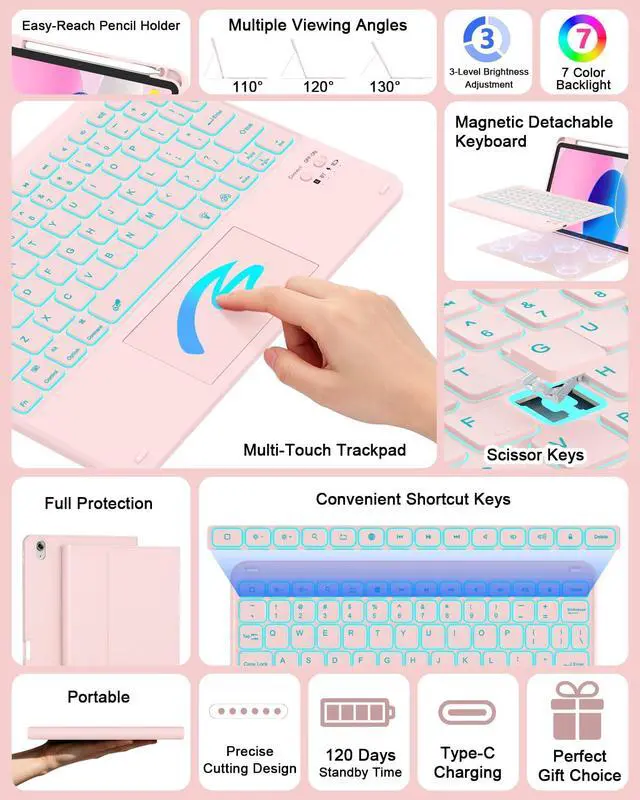 Alt view image 3 of 7 - for iPad (A16) 11th/10th Generation Case with Keyboard, 7 Color Backlit, Multi-Touch Trackpad, Folio Case with Pencil Holder, Detachable Wireless Keyboard for iPad (A16) 11th/10th, Pink
