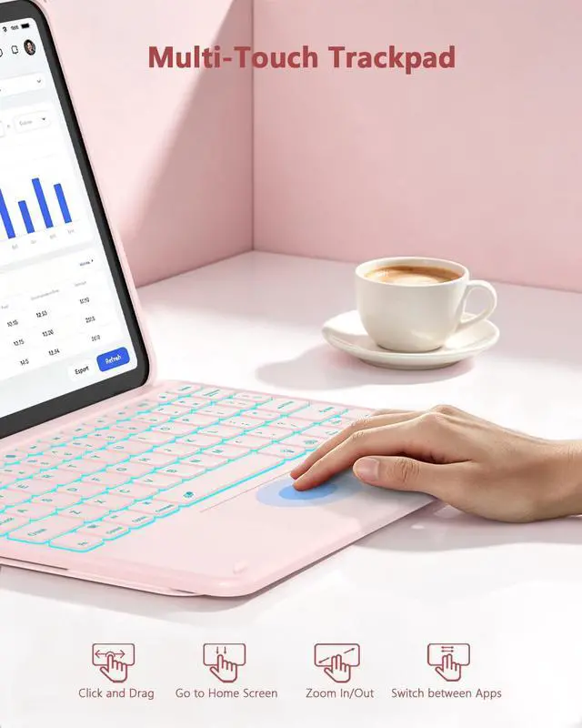Alt view image 4 of 7 - for iPad (A16) 11th/10th Generation Case with Keyboard, 7 Color Backlit, Multi-Touch Trackpad, Folio Case with Pencil Holder, Detachable Wireless Keyboard for iPad (A16) 11th/10th, Pink