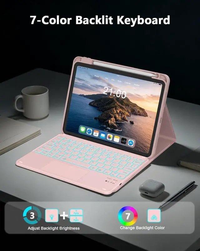 Alt view image 5 of 7 - for iPad (A16) 11th/10th Generation Case with Keyboard, 7 Color Backlit, Multi-Touch Trackpad, Folio Case with Pencil Holder, Detachable Wireless Keyboard for iPad (A16) 11th/10th, Pink