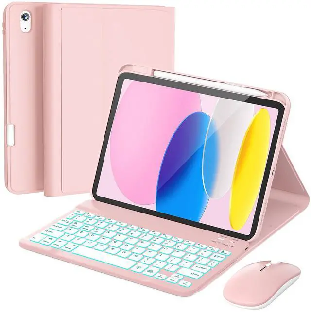 Main image of for iPad 11th (A16, 2025) / 10th Generation Case with Keyboard, Mouse and Detachable Wireless Keyboard, 7-Color Backlight, Slim Case with Pencil Holder, Light Pink