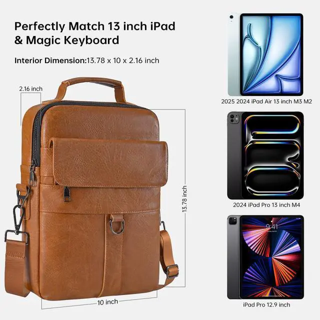 Alt view image 2 of 7 - 12.9-13 Inch iPad Carrying Leather Bag for 2026 2025 13 inch iPad Air M4 M3 & iPad Pro M4 M5 with Magic Keyboard, iPad Pro 12.9, Travel Shoulder Sleeve Case, Brown