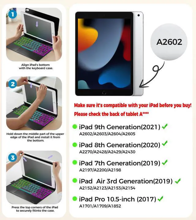 Alt view image 2 of 7 - iPad 9th Generation Case with Keyboard 360° Rotatable Touchpad and 7 Color Backlight & Pencil Holder for iPad 9th/8th/7th Gen 10.2 inch & iPad Air 3rd Gen/iPad Pro 10.5 inch - Black