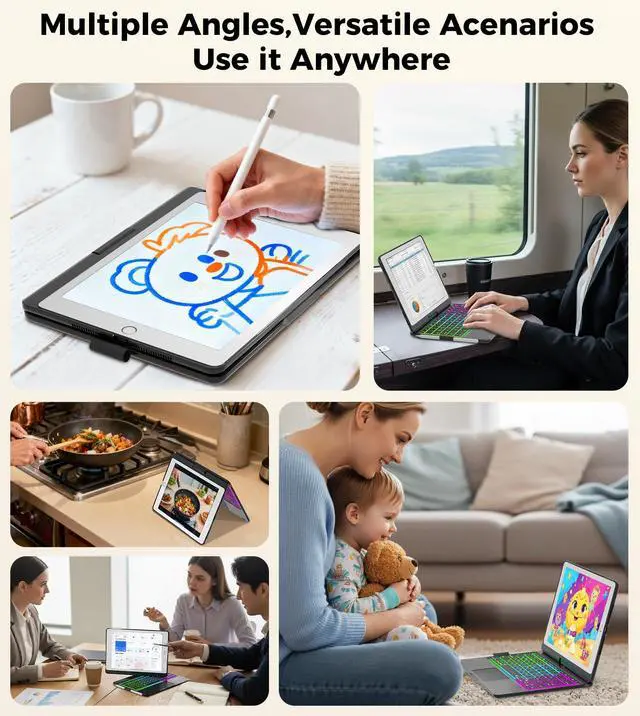 Alt view image 3 of 7 - iPad 9th Generation Case with Keyboard 360° Rotatable Touchpad and 7 Color Backlight & Pencil Holder for iPad 9th/8th/7th Gen 10.2 inch & iPad Air 3rd Gen/iPad Pro 10.5 inch - Black