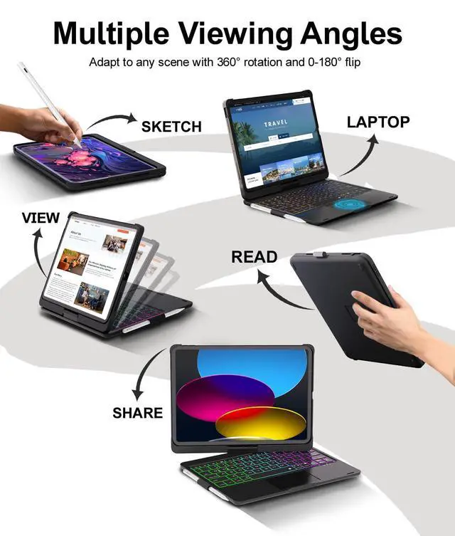 Alt view image 5 of 7 - iPad A16 11th/10th/Air 11 Case with Keyboard, 360 Rotating, Black