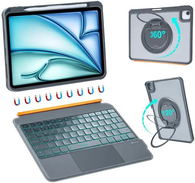 Main image of iPad Keyboard Case Air 11 Inch M4/M3/M2 10th Gen 360°Stand Magnetic Detachable case with Keyboard Backlit Keys Trackpad with Pencil Holder Grey (for iPad 11/10/Air 5/4/11"(M2/M3) Pro 11" 4/3/2/1)