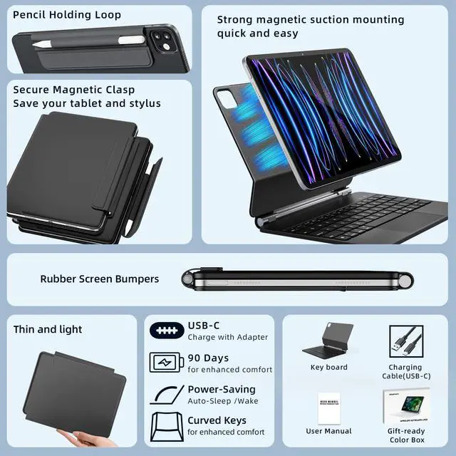 Alt view image 5 of 7 - for iPad Air 11 inch Case with Keyboard (M4/M3/M2, 2026/2025/2024), iPad Pro 11 (4th/3rd/2nd/1st Gen) & Air 5/4th Magic Keyboard Case, 11 Colors Backlit, Multi-Touch Trackpad, Black