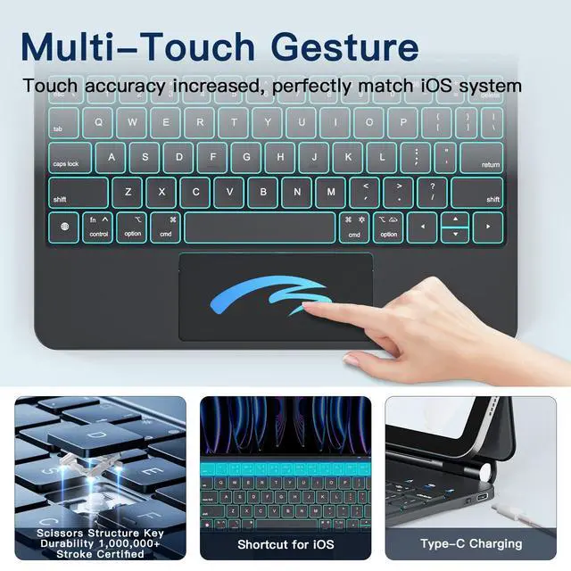 Alt view image 7 of 7 - for iPad Air 11 inch Case with Keyboard (M4/M3/M2, 2026/2025/2024), iPad Pro 11 (4th/3rd/2nd/1st Gen) & Air 5/4th Magic Keyboard Case, 11 Colors Backlit, Multi-Touch Trackpad, Black