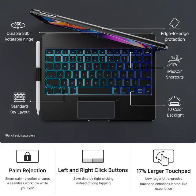 Alt view image 5 of 7 - Touch Keyboard Case for iPad 9th/8th/7th Gen, 360° Rotating