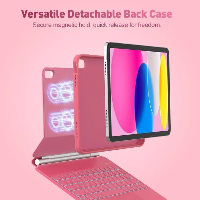 Alt view image 3 of 7 - for iPad 11th (A16, 2025)/10th Generation Case with Keyboard, Portrait/Landscape, 11-Color Backlit & Multi-Touch Trackpad, Detachable Case & Stain-Resistant Leather, Pencil Buckle, Hot Pink