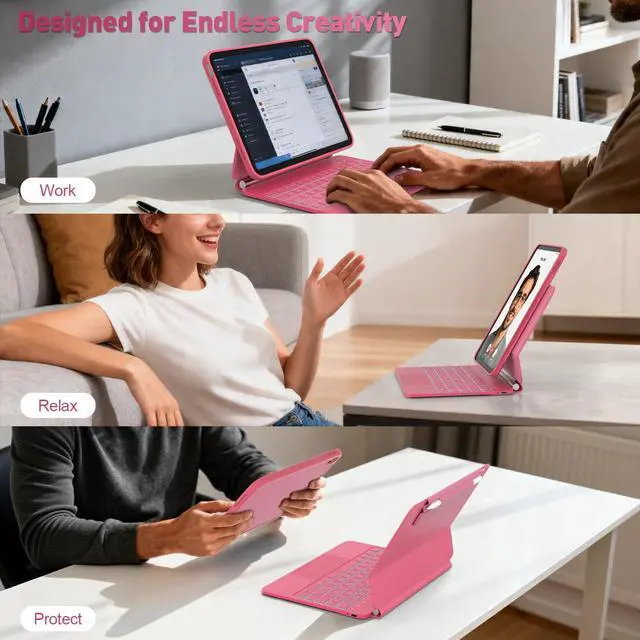 Alt view image 4 of 7 - for iPad 11th (A16, 2025)/10th Generation Case with Keyboard, Portrait/Landscape, 11-Color Backlit & Multi-Touch Trackpad, Detachable Case & Stain-Resistant Leather, Pencil Buckle, Hot Pink