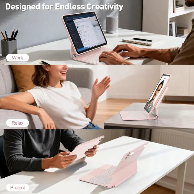 Alt view image 5 of 7 - for iPad Air 11-inch Case with Keyboard (M3/M2, 2025/2024), Keyboard for iPad Pro 11" (1/2/3/4th Gen) & Air 4/5, Portrait/Landscape Mode, 11-Color Backlit, Removable Protective Case, Pink