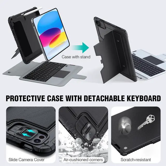 Alt view image 3 of 7 - Protective iPad A16 11th 10th Gen Case with Keyboard, Portrait/Landscape Modes, Detachable Keyboard with Multi-Touch Trackpad, Camera Cover & Pencil Holder for iPad 11th 2025/10th 2022 10.9"