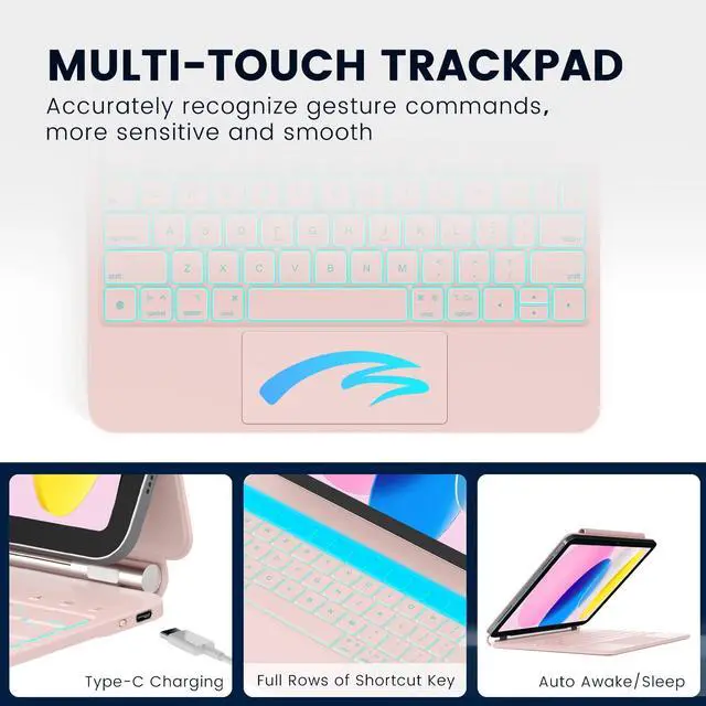 Alt view image 6 of 7 - for iPad 11th(A16, 2025)/10th Generation Case with Keyboard, Magic Keyboard 2022, Springy Backlit Keys, Stain-Resistant Surface, Multi-Touch Trackpad, Pink