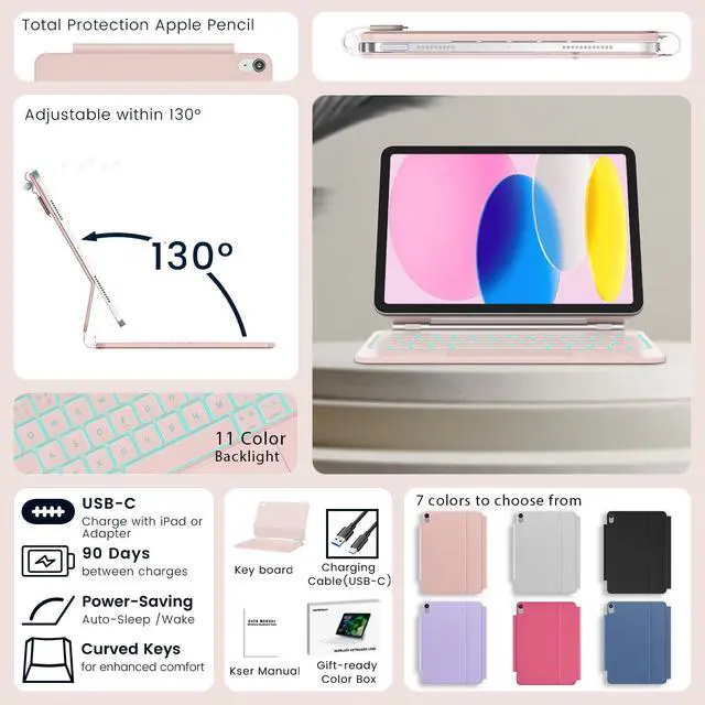 Alt view image 7 of 7 - for iPad 11th(A16, 2025)/10th Generation Case with Keyboard, Magic Keyboard 2022, Springy Backlit Keys, Stain-Resistant Surface, Multi-Touch Trackpad, Pink