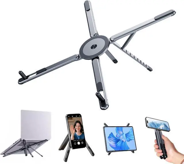 Main image of Portable Laptop Stand for Desk, Foldable Adjustable Computer Riser with Magnetic Phone Holder, Aluminum Laptop Stand Tablet Stand Mobile Phone Holder (Navy Blue)