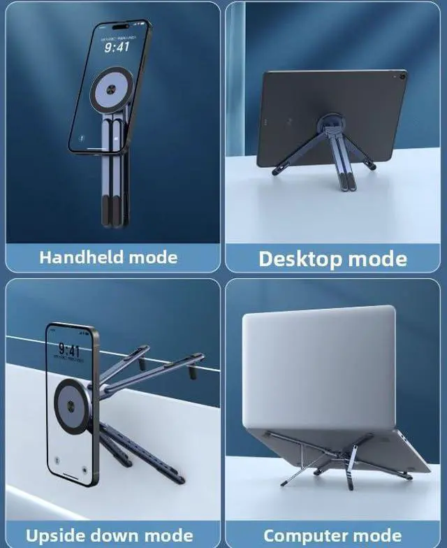 Alt view image 3 of 7 - Portable Laptop Stand for Desk, Foldable Adjustable Computer Riser with Magnetic Phone Holder, Aluminum Laptop Stand Tablet Stand Mobile Phone Holder (Navy Blue)