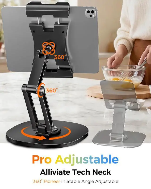 Alt view image 2 of 7 - Heavy Duty Aluminum iPad Stand for Desk, Adjustable Dual Arm Tablet Holder with 360° Rotating Base, Foldable Desktop Mount for 4.715.6" Devices, iPad Pro/Air/Mini, Galaxy Tab & Phones