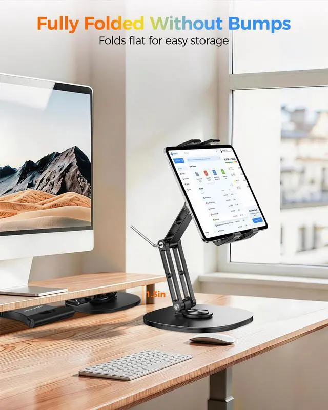 Alt view image 3 of 7 - Heavy Duty Aluminum iPad Stand for Desk, Adjustable Dual Arm Tablet Holder with 360° Rotating Base, Foldable Desktop Mount for 4.715.6" Devices, iPad Pro/Air/Mini, Galaxy Tab & Phones