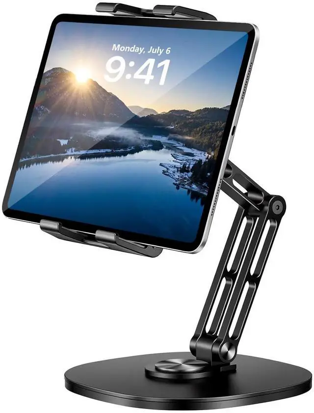 Main image of Heavy Duty Aluminum iPad Stand for Desk, Adjustable Dual Arm Tablet Holder with 360° Rotating Base, Foldable Desktop Mount for 4.715.6" Devices, iPad Pro/Air/Mini, Galaxy Tab & Phones