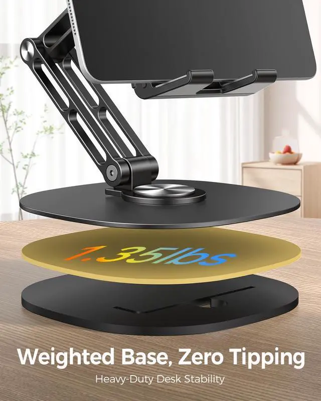 Alt view image 4 of 7 - Heavy Duty Aluminum iPad Stand for Desk, Adjustable Dual Arm Tablet Holder with 360° Rotating Base, Foldable Desktop Mount for 4.715.6" Devices, iPad Pro/Air/Mini, Galaxy Tab & Phones