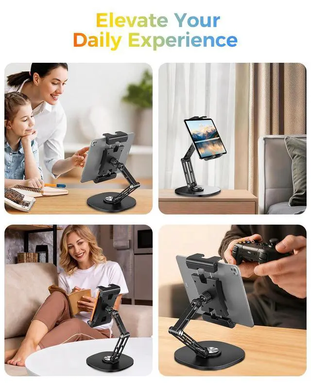 Alt view image 6 of 7 - Heavy Duty Aluminum iPad Stand for Desk, Adjustable Dual Arm Tablet Holder with 360° Rotating Base, Foldable Desktop Mount for 4.715.6" Devices, iPad Pro/Air/Mini, Galaxy Tab & Phones