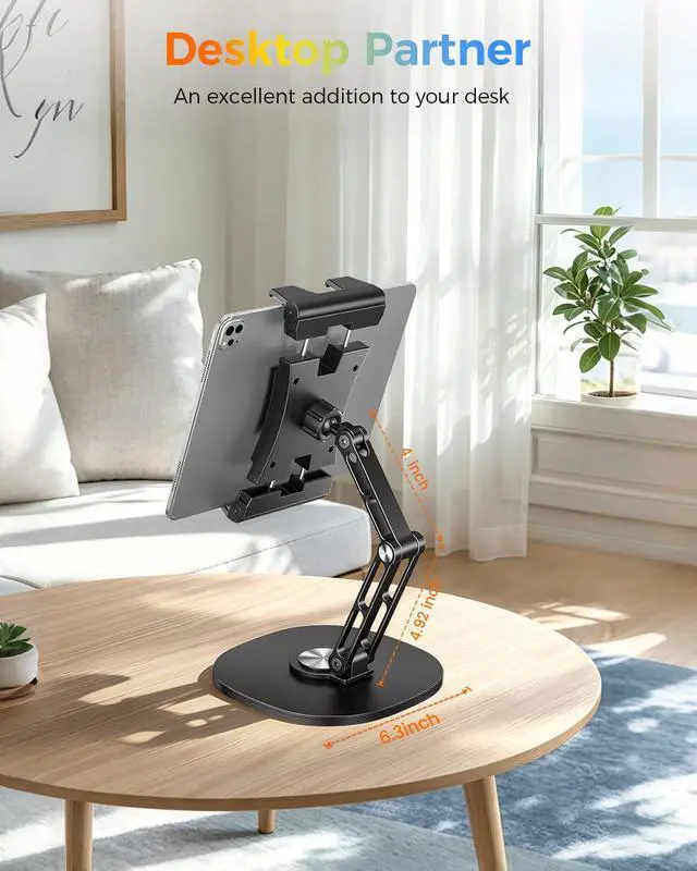 Alt view image 5 of 7 - Heavy Duty Aluminum iPad Stand for Desk, Adjustable Dual Arm Tablet Holder with 360° Rotating Base, Foldable Desktop Mount for 4.715.6" Devices, iPad Pro/Air/Mini, Galaxy Tab & Phones