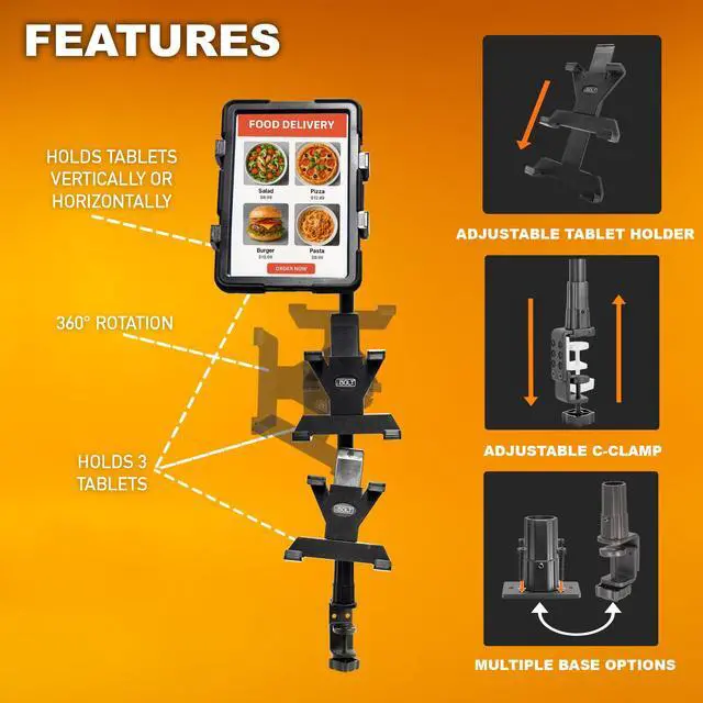 Alt view image 2 of 7 - TabDock Tower Triple Tablet Clamp Mount 7-10" for POS & Delivery Apps