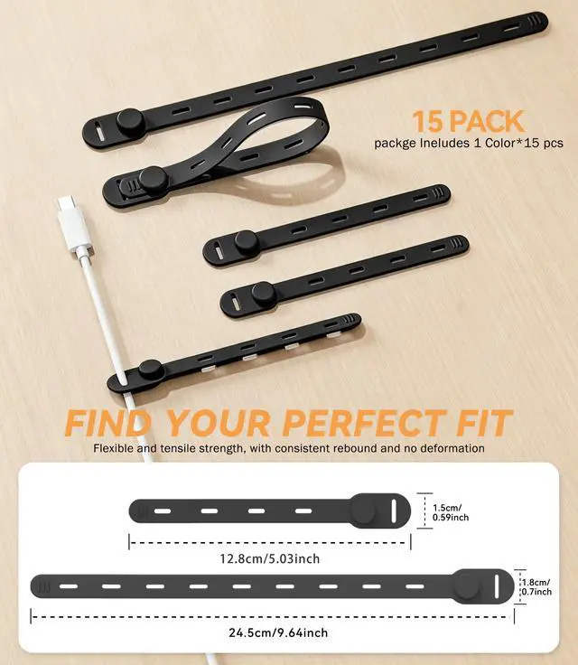 Alt view image 2 of 6 - 5" and 9.6" Silicone Cable Ties Cord Organizer, 15Pcs-Black