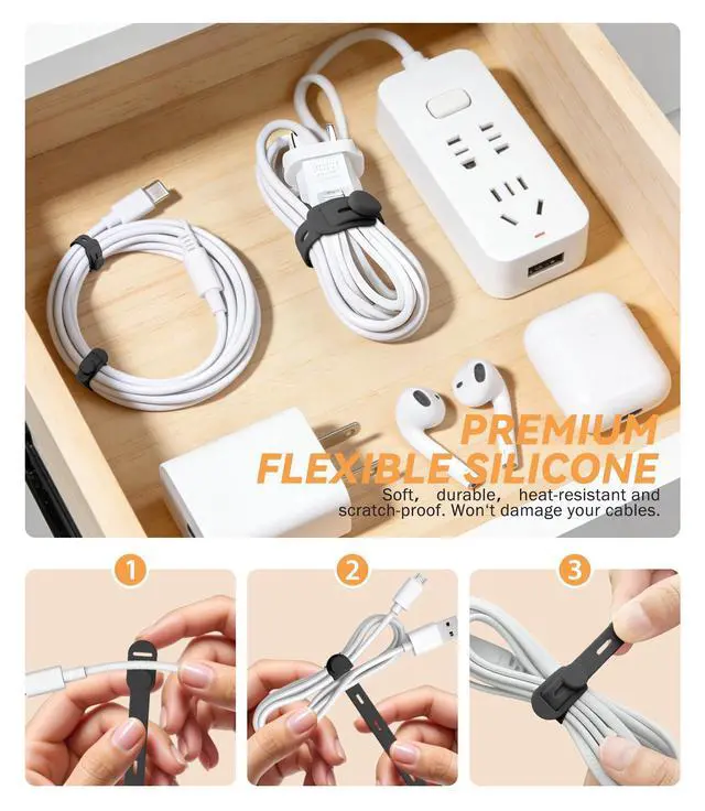 Alt view image 3 of 6 - 5" and 9.6" Silicone Cable Ties Cord Organizer, 15Pcs-Black
