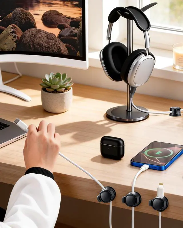 Alt view image 2 of 7 - 8 Pack Desk Cord Organizer for Home/Office, Cord Organization Cable Clips, 360° Rotatable Spring Cable Management Clips, Adhesive Cord Holder with Clasp Lock, Desk Accessories/Workspace Organizers