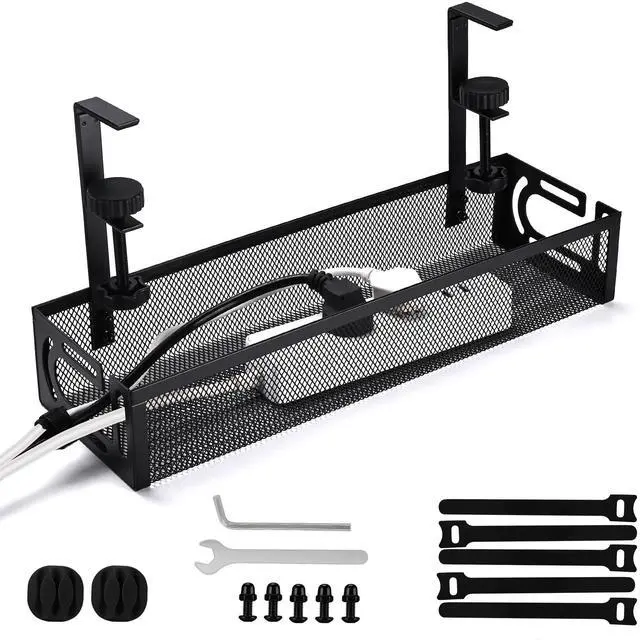 Main image of Under Desk Cable Management Tray Small Clamp-Mounted Wire Organizer & Cord Management Under Desk Rack, No-Drill Metal Cable Organizer for Home Office (Black)