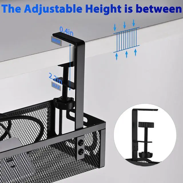 Alt view image 2 of 7 - Under Desk Cable Management Tray Small Clamp-Mounted Wire Organizer & Cord Management Under Desk Rack, No-Drill Metal Cable Organizer for Home Office (Black)