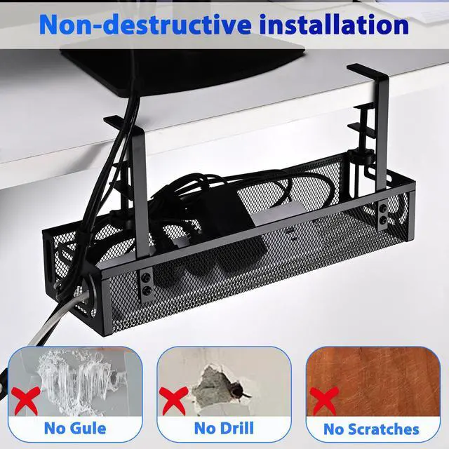 Alt view image 3 of 7 - Under Desk Cable Management Tray Small Clamp-Mounted Wire Organizer & Cord Management Under Desk Rack, No-Drill Metal Cable Organizer for Home Office (Black)
